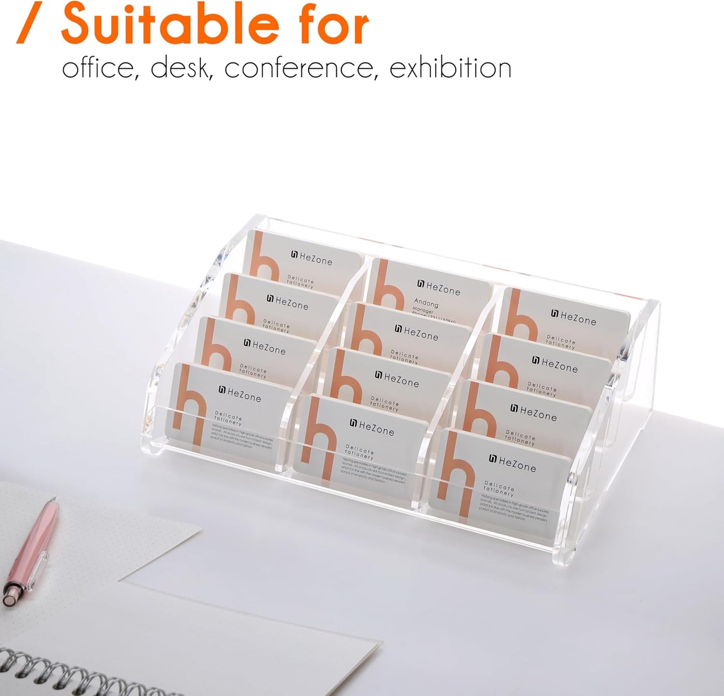 Business Card Holder Display for Desk Muitiple, Clear Acrylic Business card Stand Rack for Women and Men 12 slots 4Tier, Organize 600 cards (12 Slots）