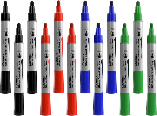 Comix Glass Board Dry Erase Markers, Low Odor Whiteboard Markers, Bullet Tip, 4 Assorted Colors, 12 Pack
