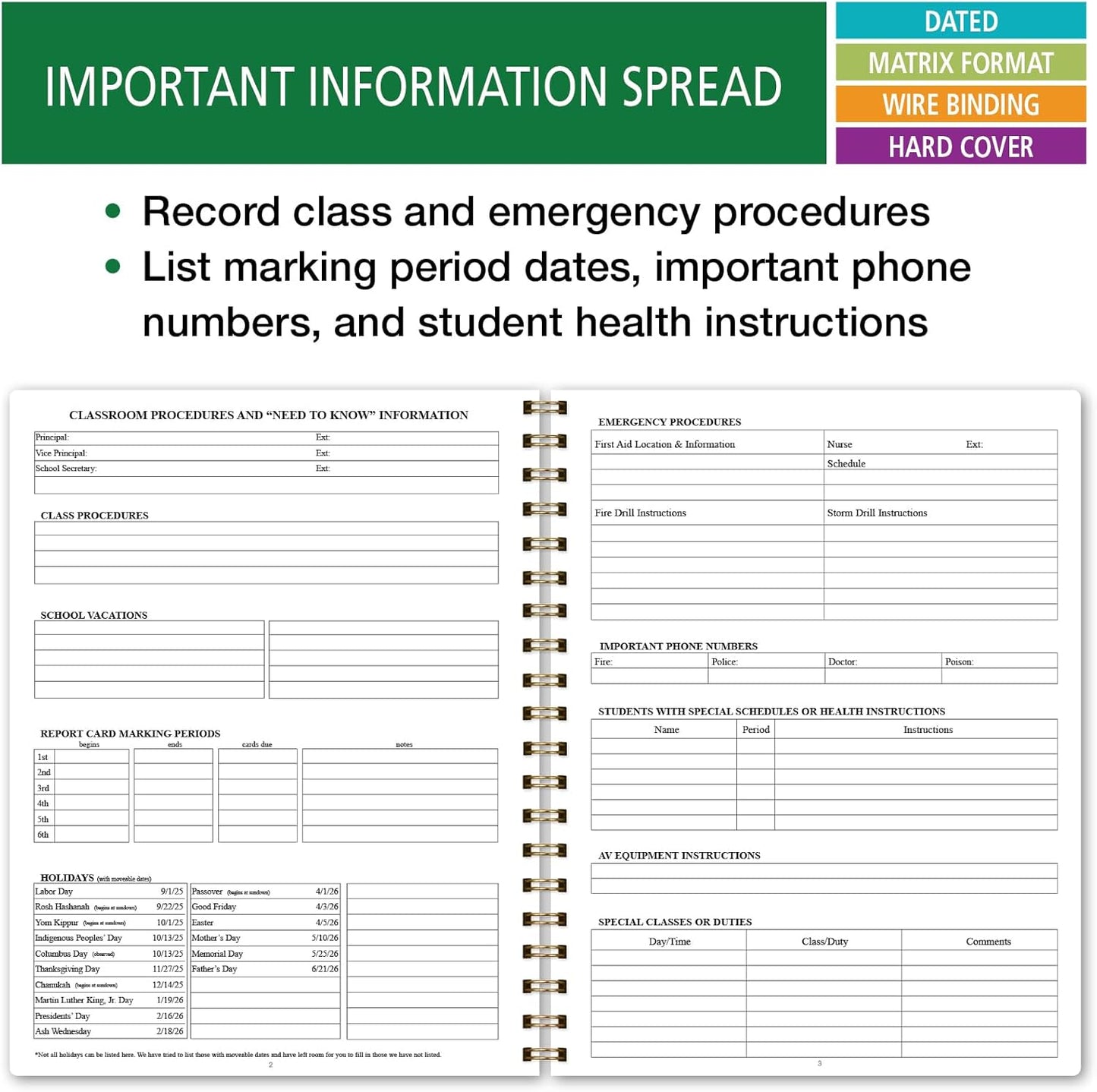Elan Publishing Company HARDCOVER 7 Period Dated Teacher Lesson Plan; Days Horizontally Across The Top Dated for 2025-2026 Academic Year with Bonus Clip-in Bookmark (Tree Seasons)