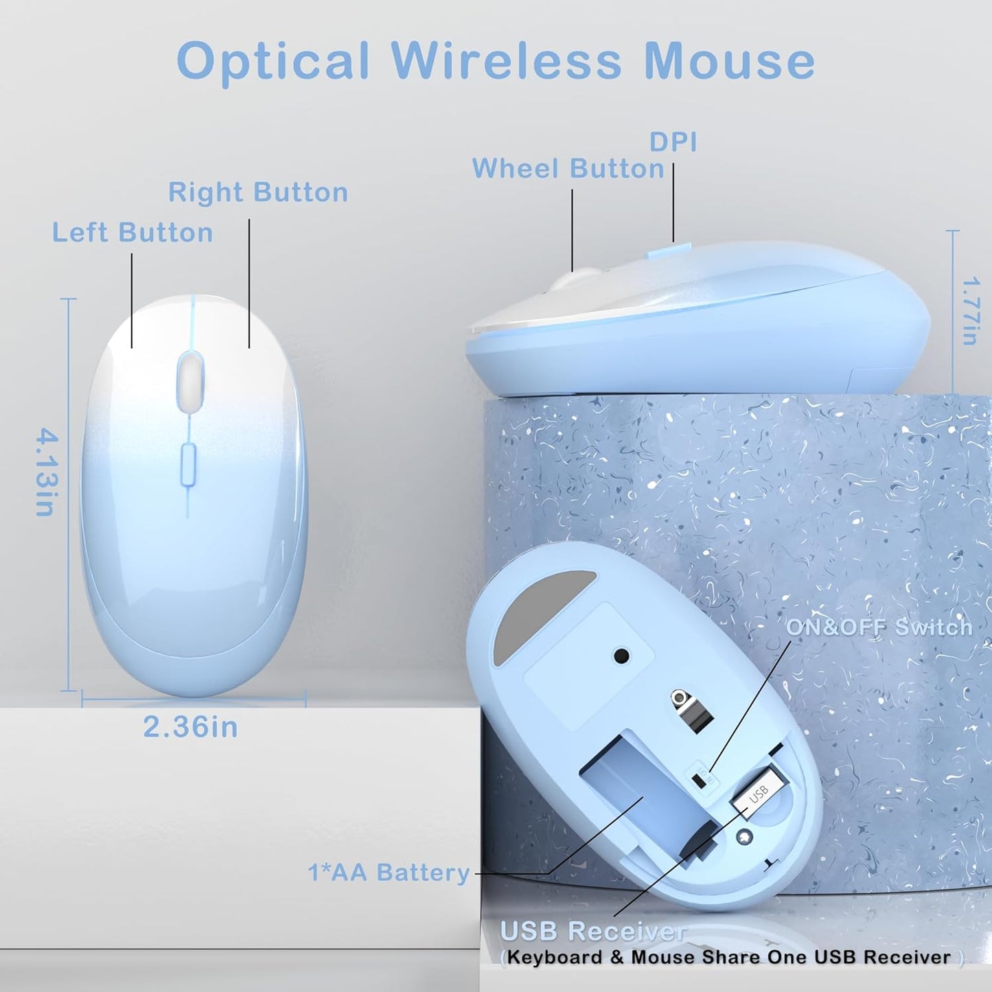 Colorful Wireless Keyboard and Mouse Combo, COVEVA 2.4GHz Wireless Retro Cute Round Keycaps Keyboard, 104 Keys Full-Sized Keyboard Mouse Set with Switch Button for PC Laptop Desktop (Blue Gradient)