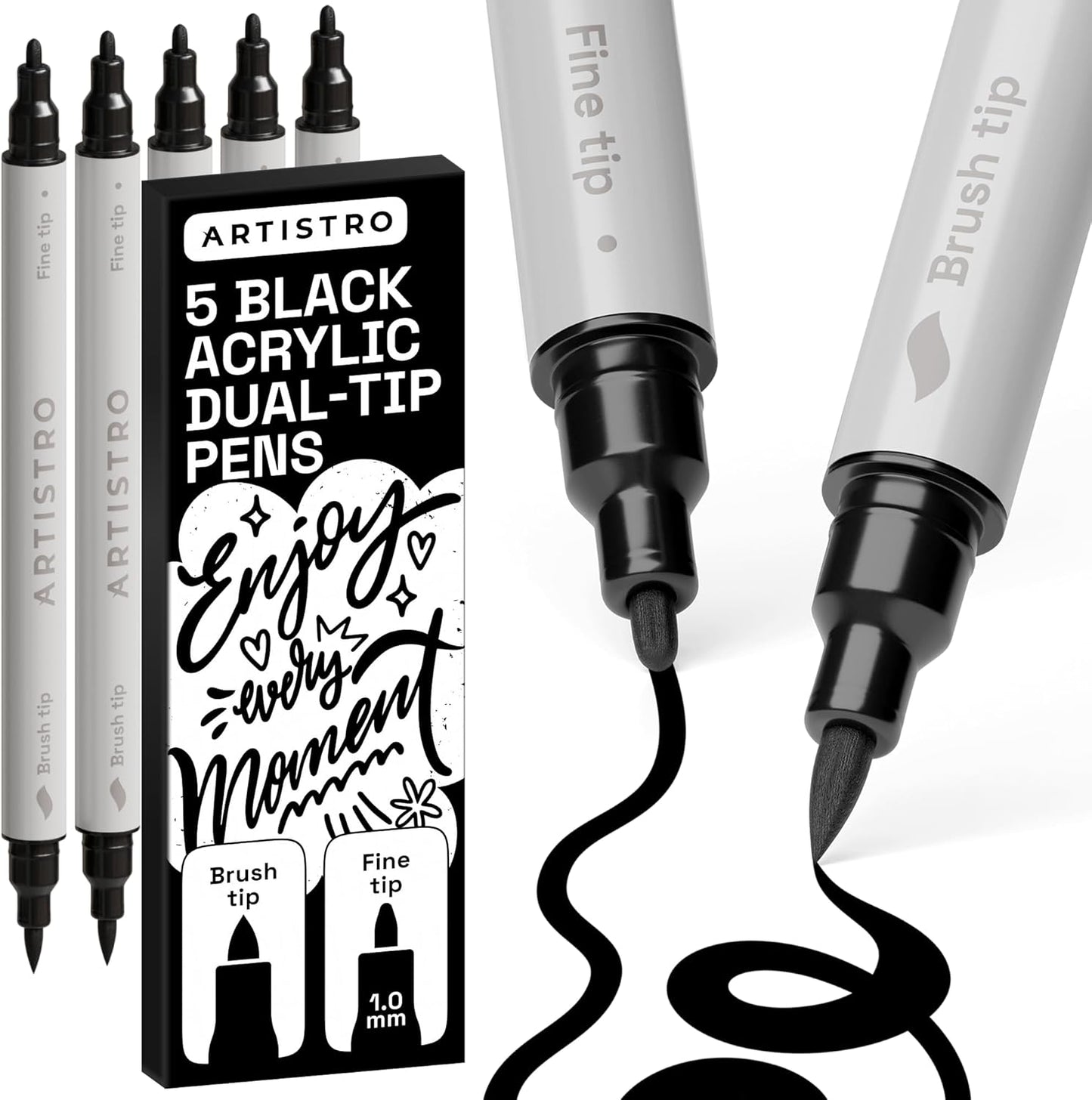 ARTISTRO 5 Black Dual-Tip Acrylic Paint Pens - 1-5 mm Brush + 1mm Fine Tips - Multisurface Markers for Fabric, Glass, & More