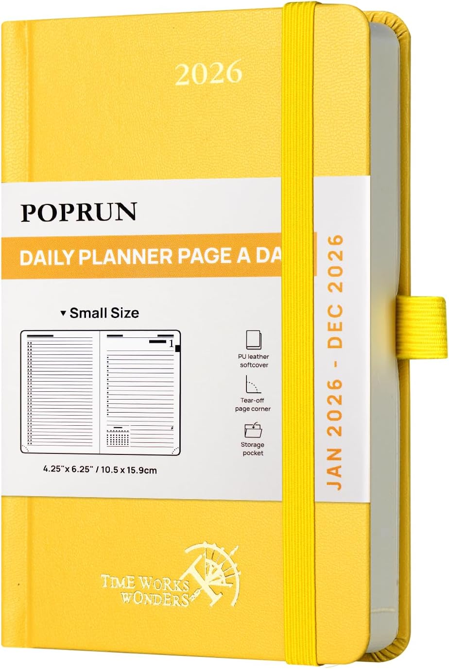 POPRUN 2026 Daily Planner One Page Per Day A6 Size Calendar (4.25" x 6.25") - 12 Months Hourly Appointment Book with Hardcover, Monthly Tabs, Pocket, Pen Holder - Light Yellow