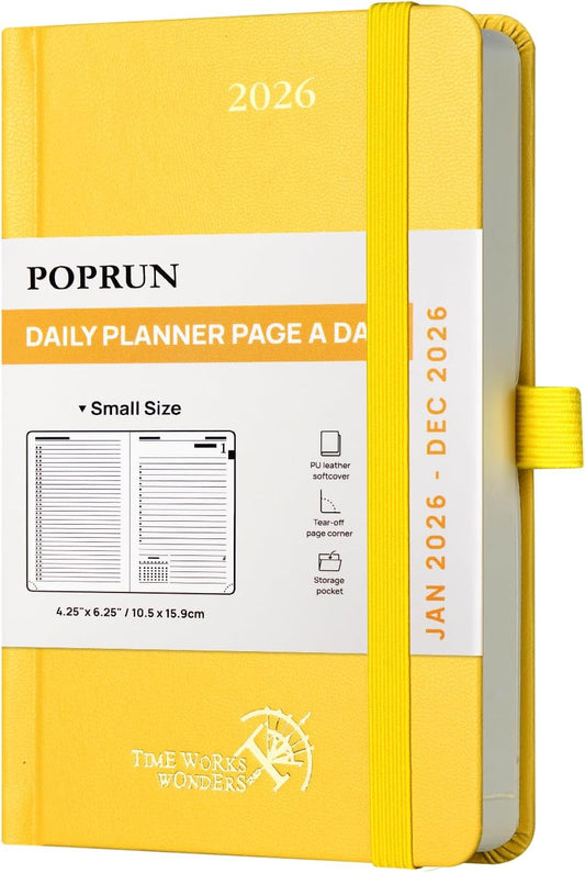 POPRUN 2026 Daily Planner One Page Per Day A6 Size Calendar (4.25" x 6.25") - 12 Months Hourly Appointment Book with Hardcover, Monthly Tabs, Pocket, Pen Holder - Light Yellow