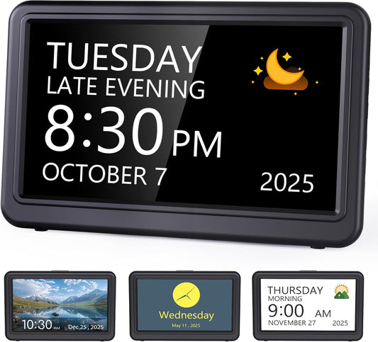Raynic Date Clock, Digital Calendar Clock with 12 Themes, 20 Alarms, 20 Reminders, Semi-Automatic Dimming, 12/24 Hours, Auto DST for Desktop, Office, Students (Black, 7 Inches)