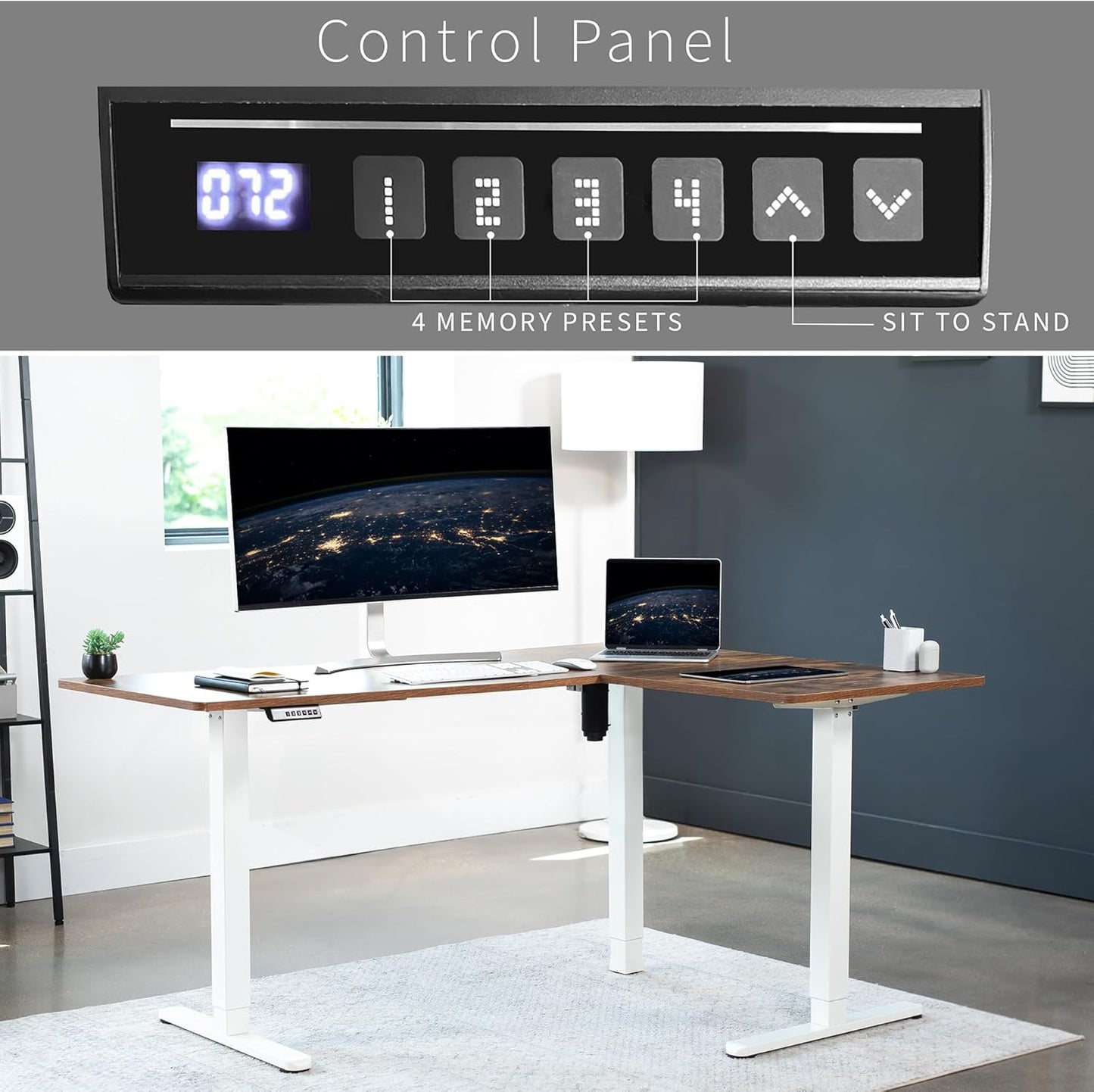 VIVO Electric Corner L-Shaped 63 x 47 in Rustic Standing Desk, Memory Height Adjustment, Vintage Brown Top White Frame, DESK-E3CTWN-47