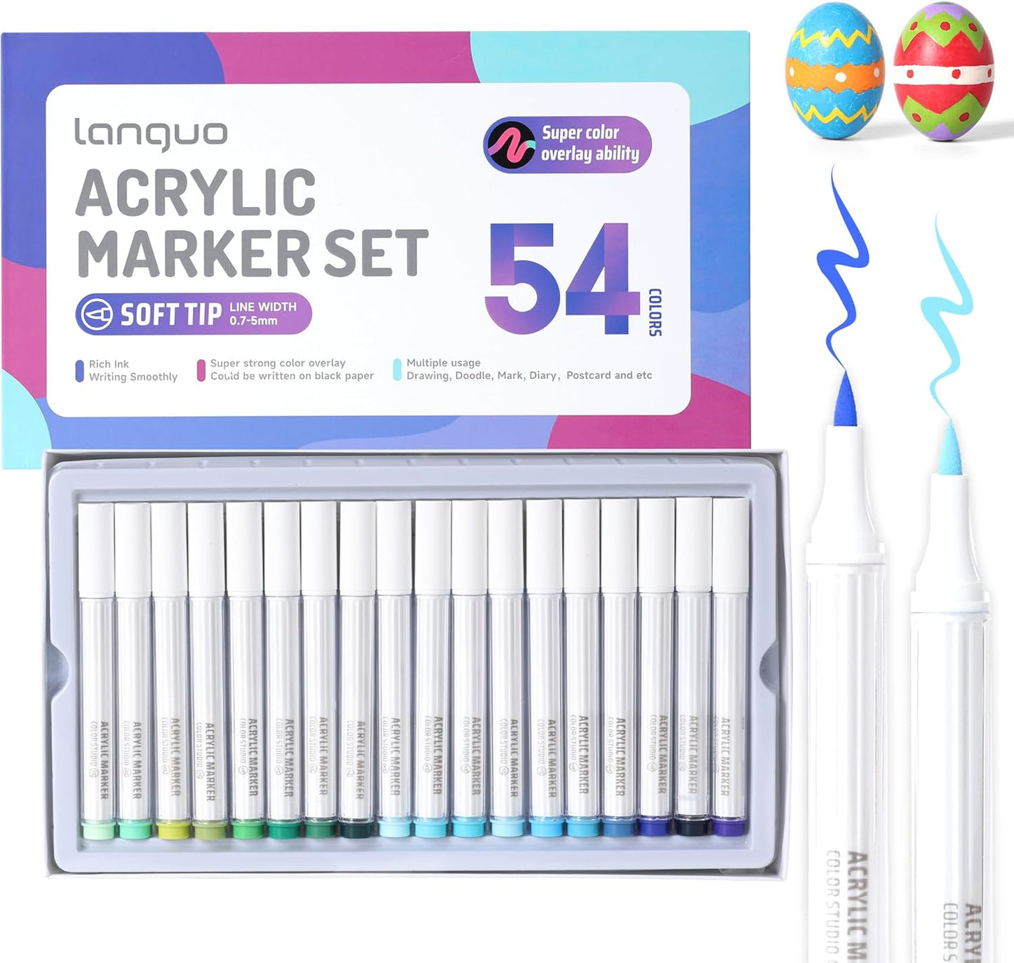 54 Colors Acrylic Paint Markers Set, Soft Brush Tip Acrylic Paint Pens Acrylic Markers for Rock, Egg, Wood, Glass, Canvas Painting, Coloring and Drawing, DIY Crafts Art Supplies