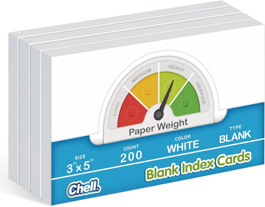 Chell 200 Count Blank Index Cards 3x5 Inch Heavyweight, No Bleed-Through, Double Side Unlined, 74 lb. Cover Weight, White