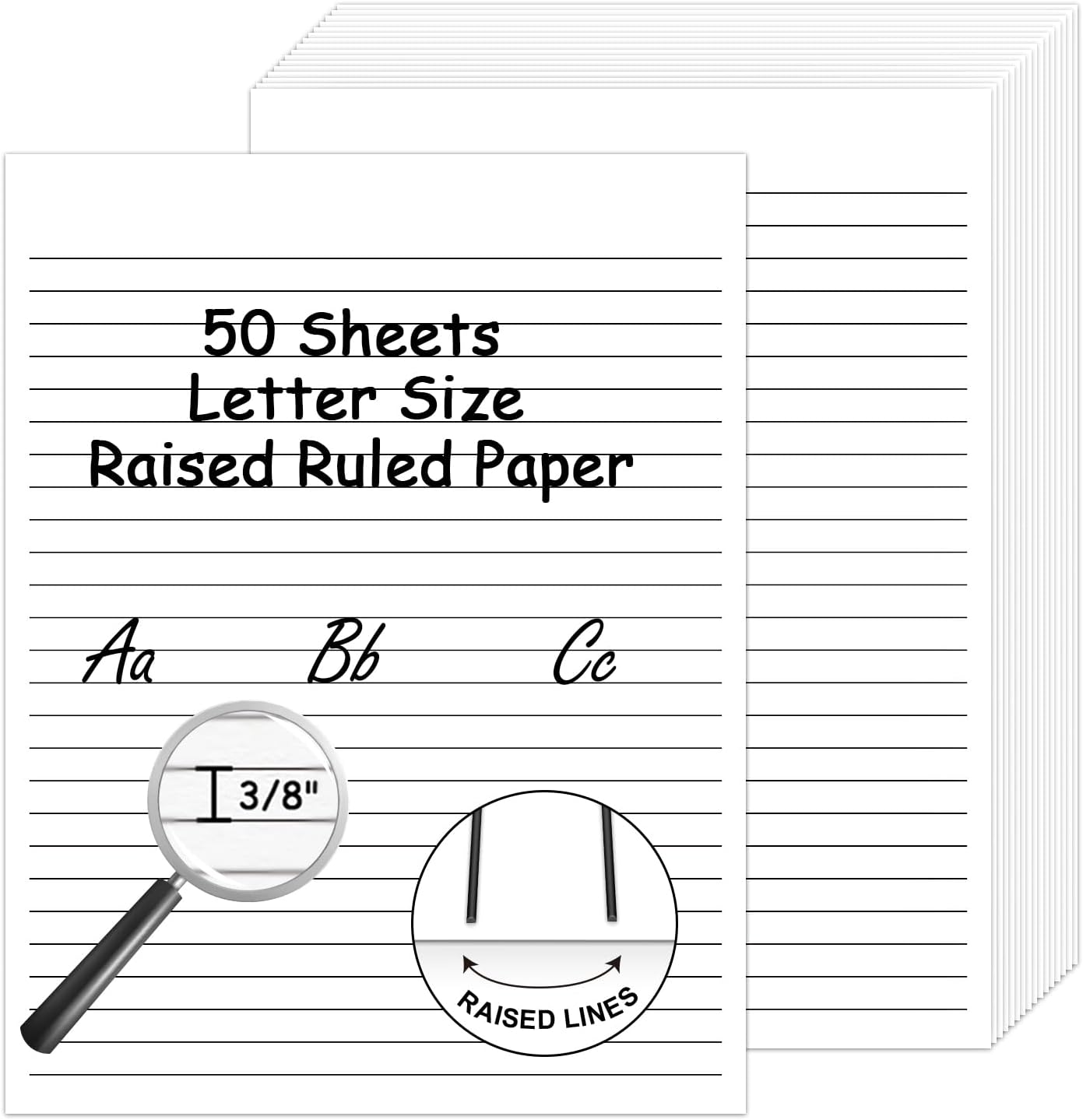 50 Sheets Handwriting Paper 8.5”x11” Narrow Ruled Spacing Raised Line Writing Paper Tactile Handwriting Paper Multi-Sensory Ruled Handwriting Tablet for 3rd Grade and Up