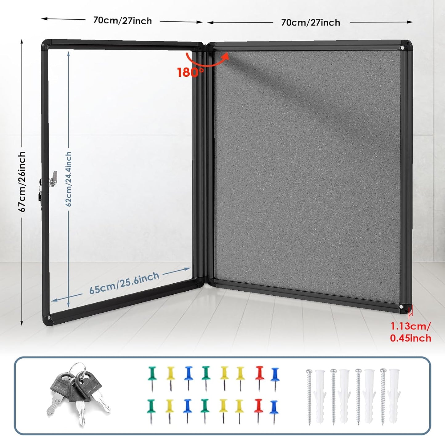 Enclosed Bulletin Board Lockable Display Case Message Board with Locking Door for Indoor, Grey Felt, Black Aluminum Frame, 28 X 26 in