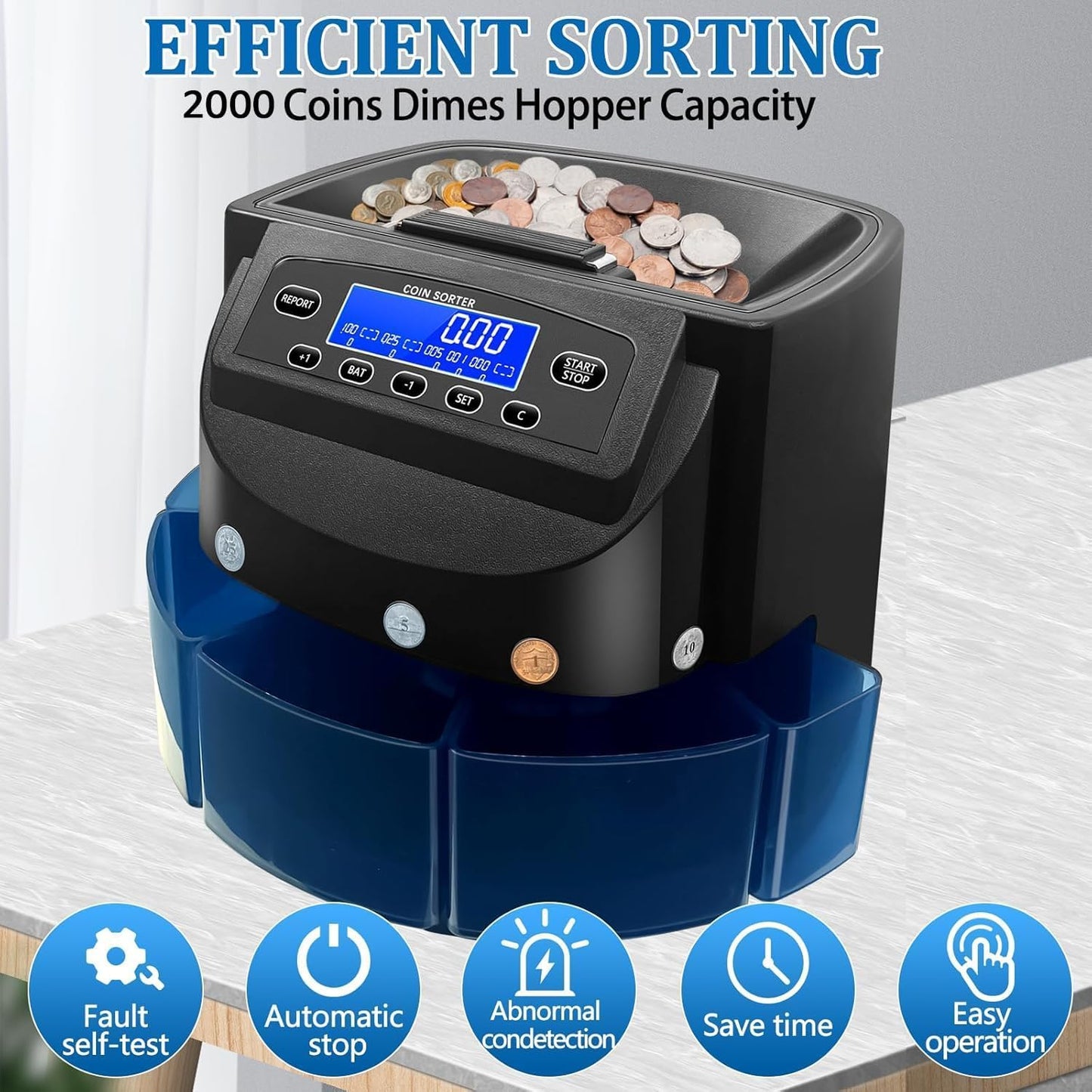 Coin Counter, USD Coin Sorter 270 Coins/Minute, 2000 Coins Capacity Automatic Electric Change Counter with LCD Display, can sort ¢1 ¢5 ¢10 ¢25 $1 Coins