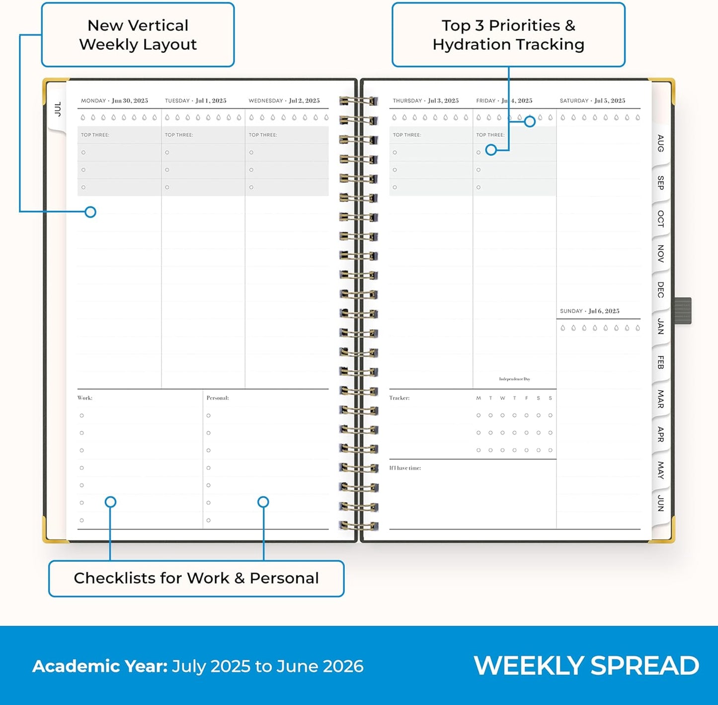 Blue Sky 2025-2026 Weekly and Monthly Academic Year Planner Calendar, July 2025 - June 2026, 5" x 8", Faux Leather Cover, Wirebound, Storage Pocket, Laminated Tabs, Olive