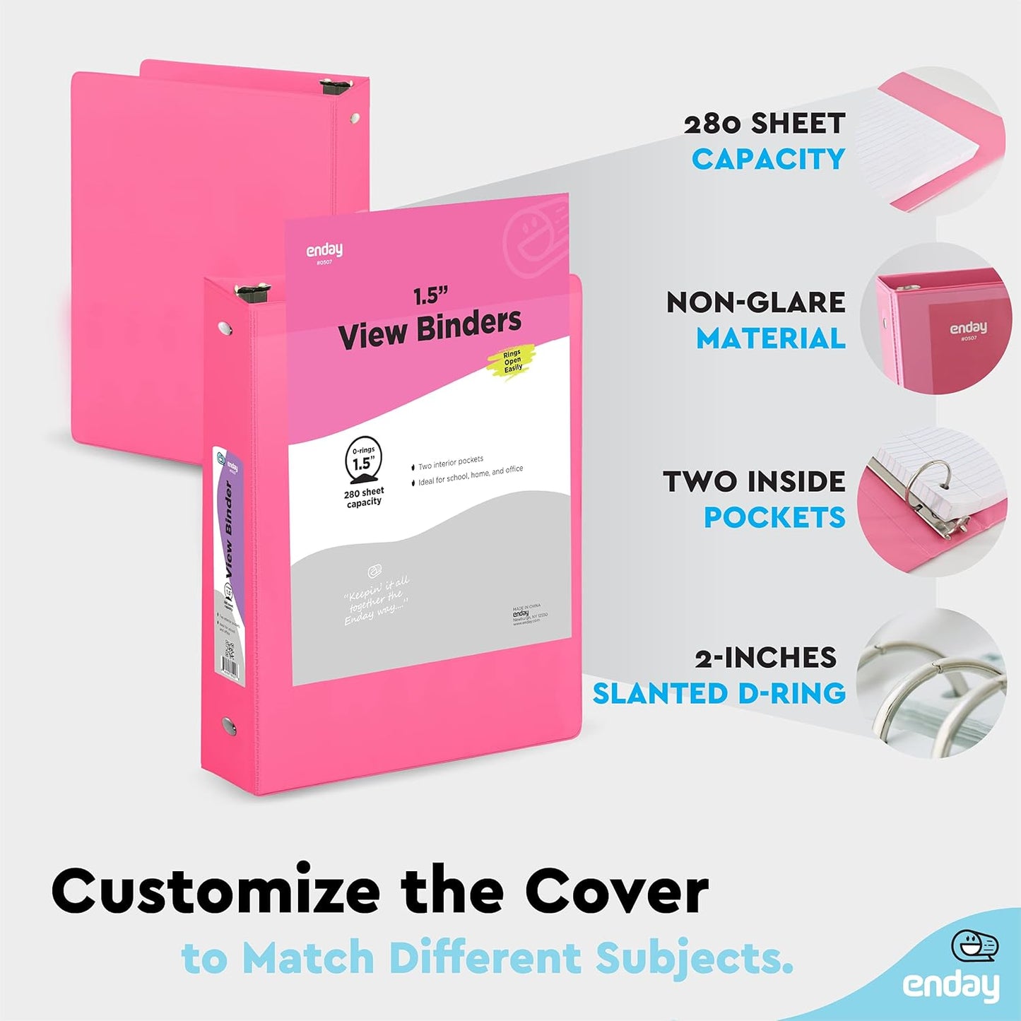 3 Ring Binder Pink, 1.5 Inch Clear View Cover with 2 Inside Pockets Binder, Colored School Supplies 1 ½ Inch Round Ring Binders, Also Available in Red, Blue, Purple, Green, and Grey (6 PC) – by Enday