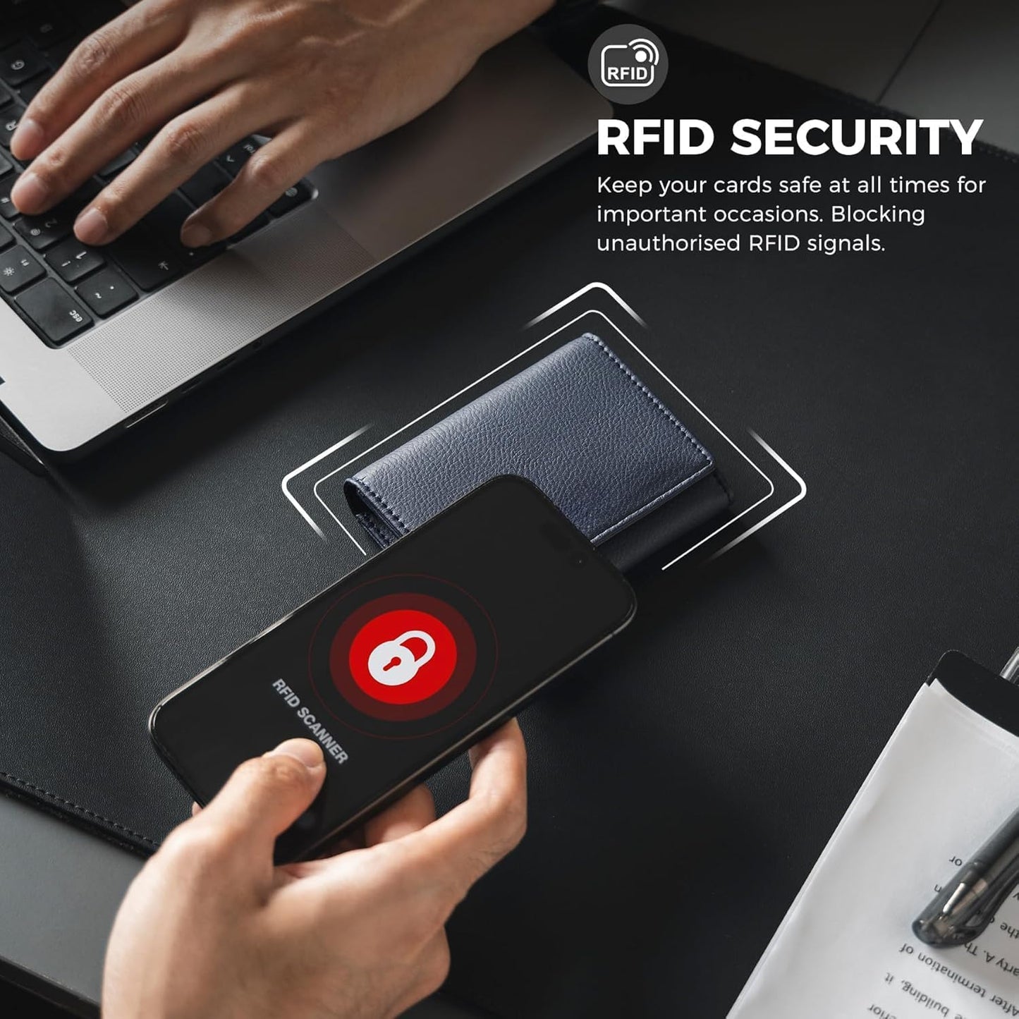 Real Leather Business Card Holder Premium RFID Blocking Card Case with ID Window and Magnetic Closure Holds Up to 40 Business Cards (Grain Navy)