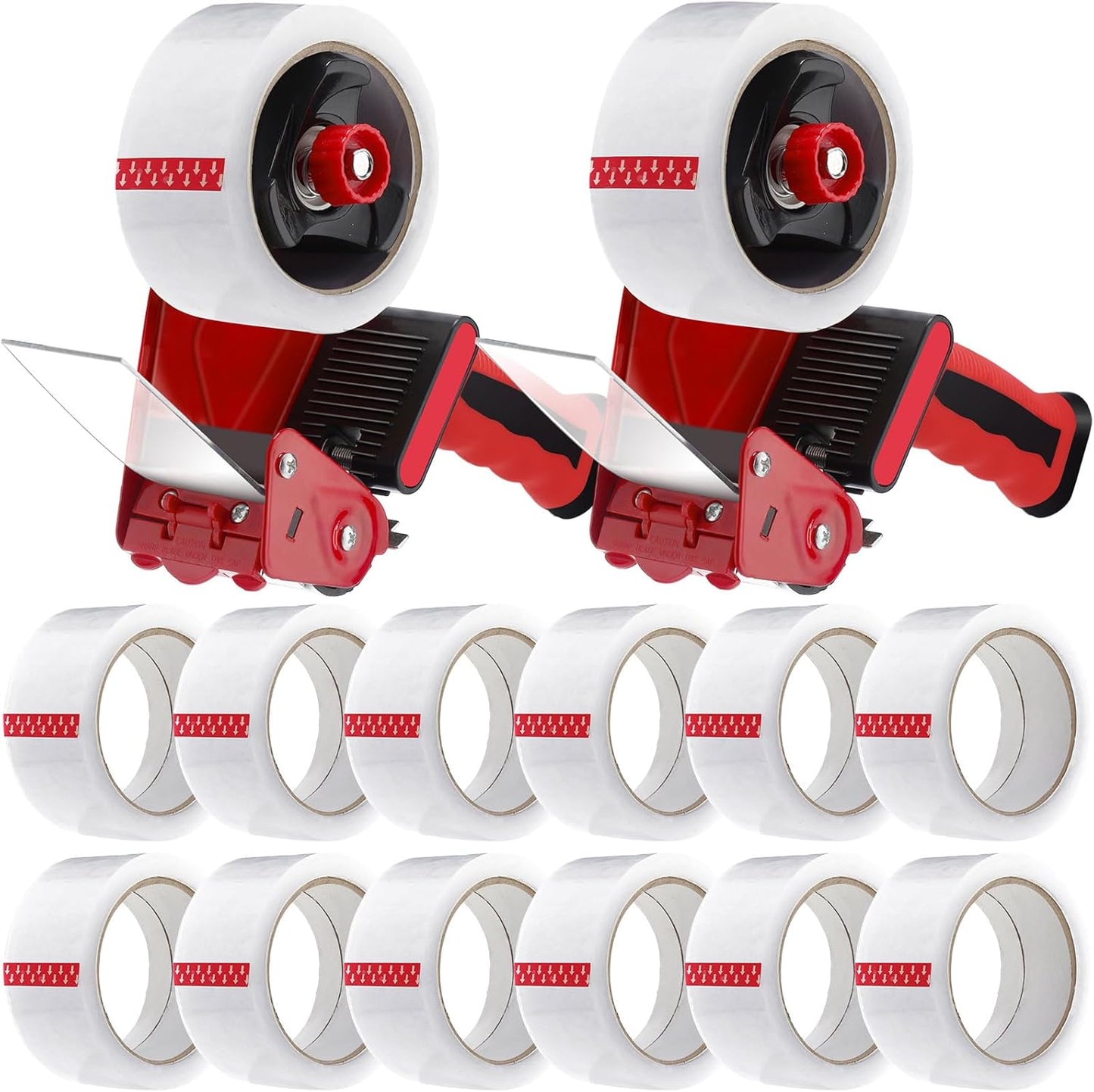 2 Pack Packing Tape Dispenser Gun with 12 Roll Packing Tape 2 Inch Gun 2.7 Mil Heavy Duty Packaging for Shipping, Moving, Carton and Box Sealing(Black and Red)