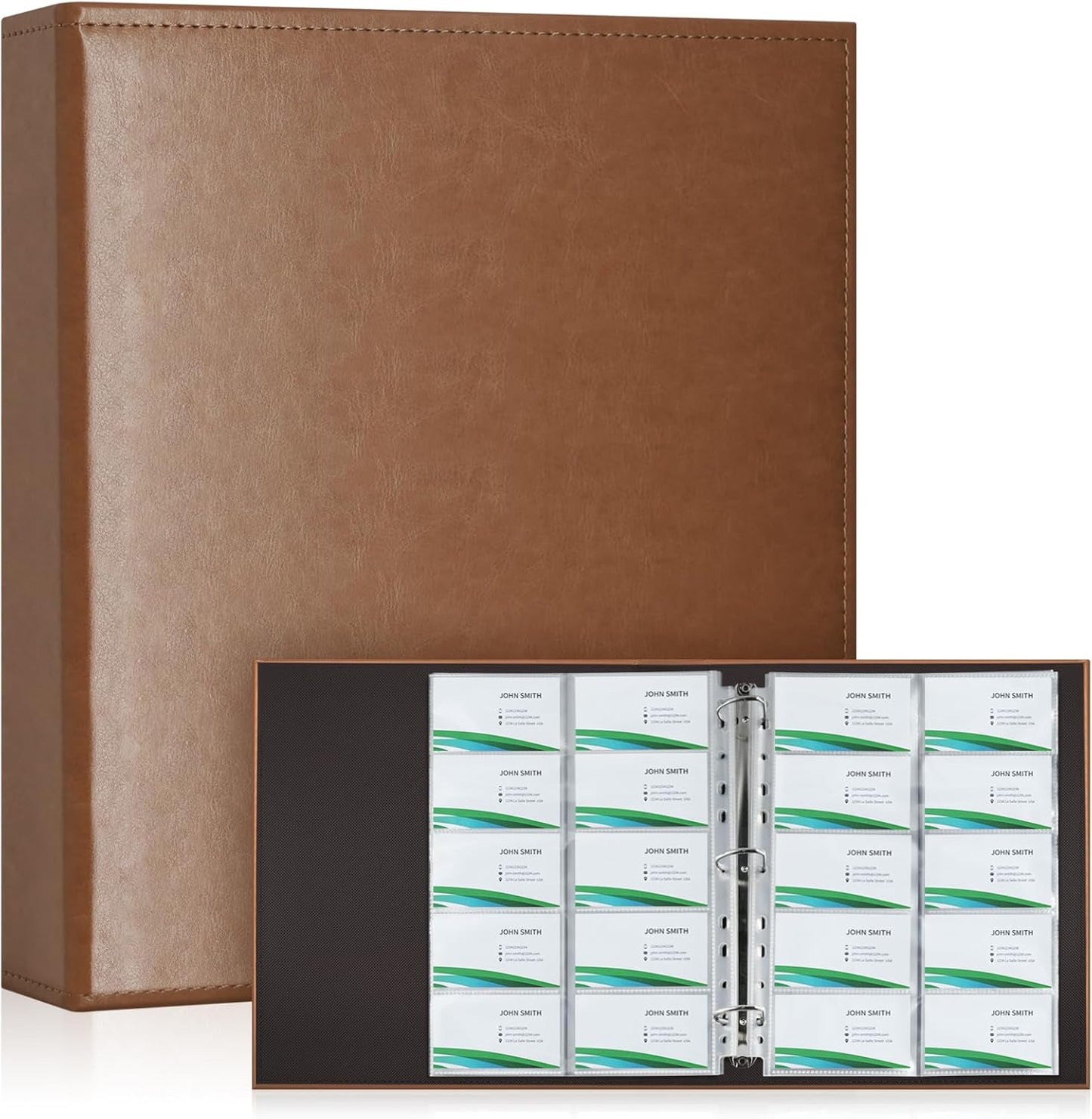 BYSTER A4 Business Card Holder Organizer, PU Leather Card Binder with 30 Pack Sleeves (600 Pockets), Card Holder Book for Credit Cards, Membership Cards, and More - Brown