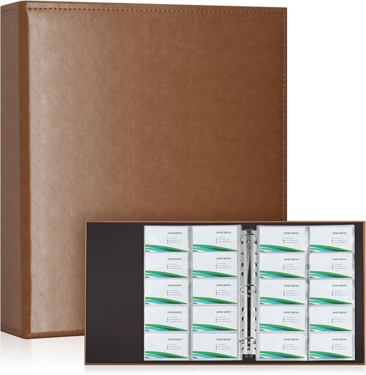 BYSTER A4 Business Card Holder Organizer, PU Leather Card Binder with 30 Pack Sleeves (600 Pockets), Card Holder Book for Credit Cards, Membership Cards, and More - Brown