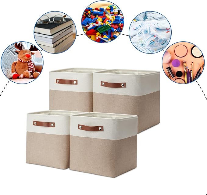 DULLEMELO 11 inch Cube Storage Bins, Large Collapsible Grey Storage Baskets for Square Cubes Organizing, Fabric Boxes Bins for Shelves Nursery Home Office Storage(4 Pack - 11" White&Khaki)