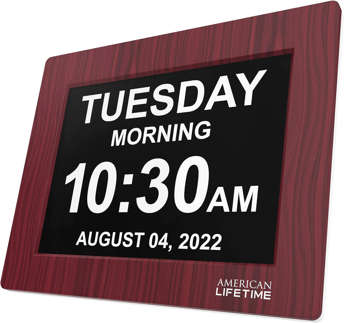 American Lifetime, Upgraded Version, Day Clock Extra Large Impaired Vision Digital Clock with Battery Backup and 5 Alarm Options, Premium Mahogany Color, 8 inch