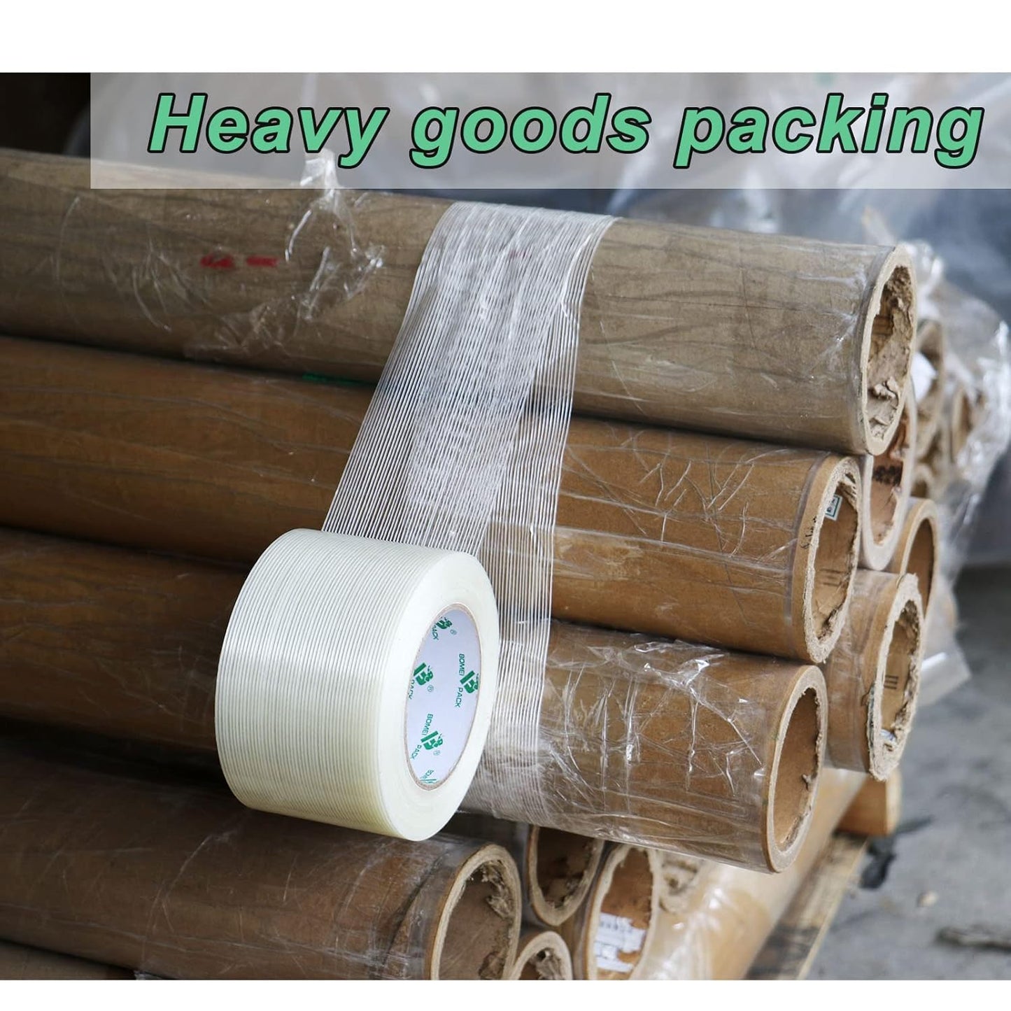 BOMEI PACK Strapping Tape 3 Inch, Heavy Duty Fiber Reinforced Packing Tape, 60yds 5.9Mil, Total 120yds