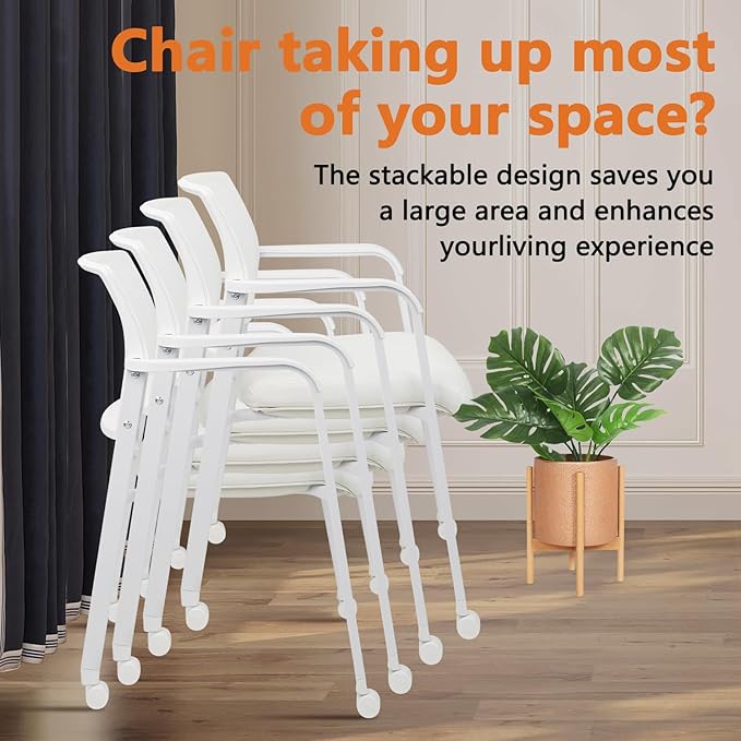 CLATINA Stacking Office Chairs with Wheels | Mesh Back, Thicken Leather Seat and Streamline Armrests, Ergonomic Lumber Support | School, Desk, Guest Reception, Waiting, Conference, White