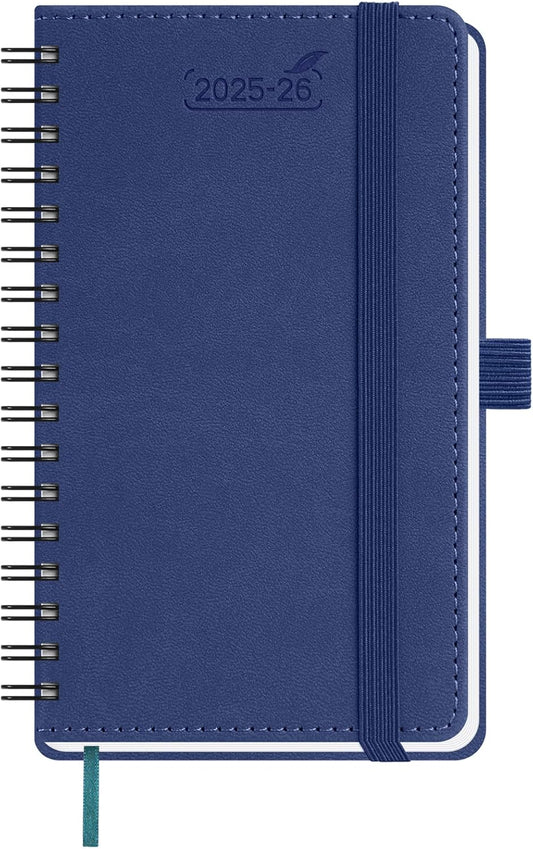 BEZEND Pocket Planner 2025-2026 Weekly and Monthly, 3.5" x 6" Academic Planner (Jul 25-Dec 26) 18-Month Mid-Year Calendar Book, Storage Pocket, Pen Holder, PU Leather Softcover, Spiral - Blueberry