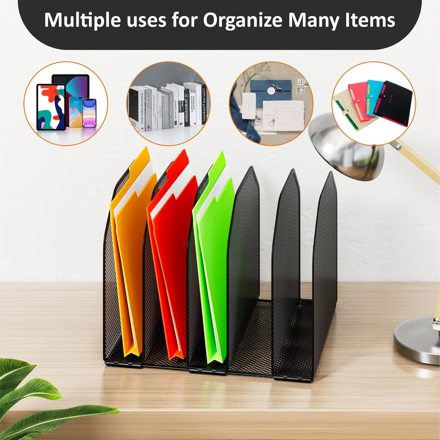 Desk File Organizer, Adjustable 5 Sections Upright Desktop Organizer File Sorter, Sturdy Metal Mesh Vertical Bookshelf File Holder Workspace Accessories for Home,School,Office Classroom,Black