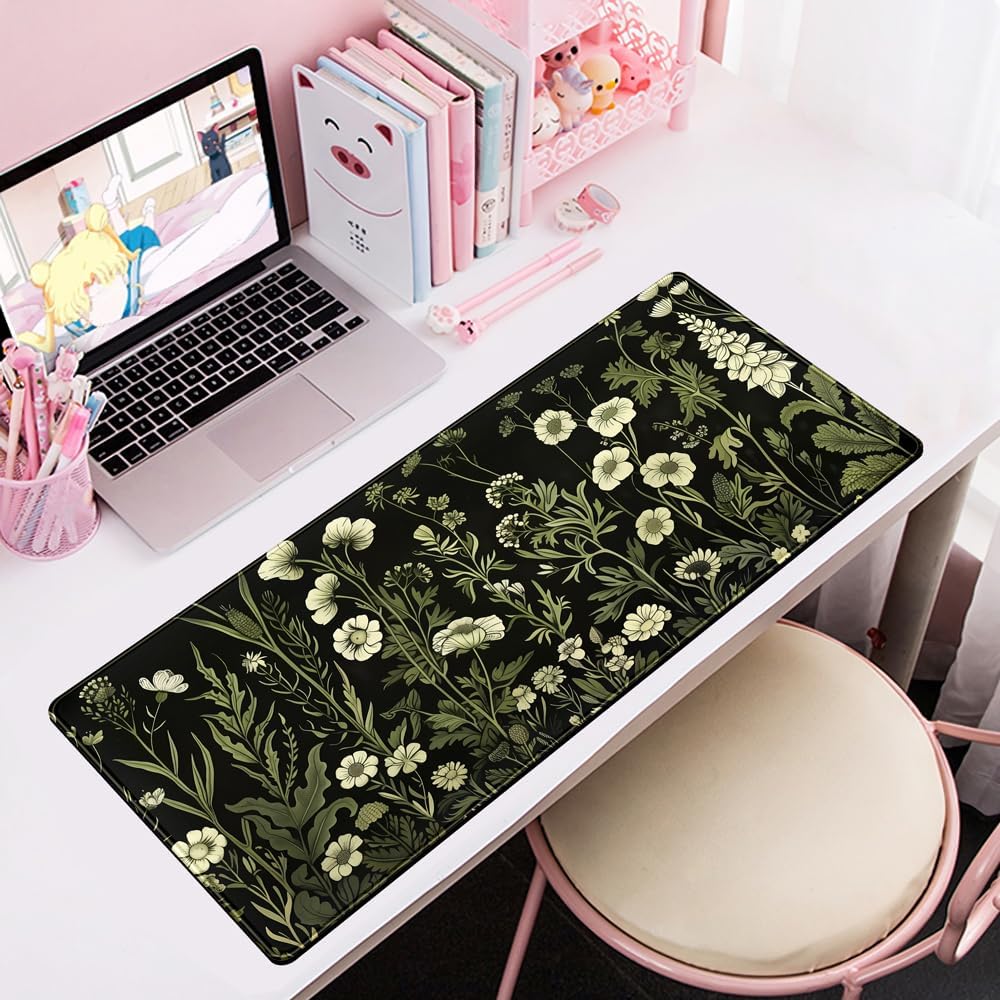 Floral Green Plant Mouse Pad Aesthetic Vintage Desk Pad Black Extended Mouse Pad Large Desk Mat for Desktop Keyboard Pad and Office Home Work Mouse Pad XXL Laptop Computer Mat 31.5 X 11.8 in