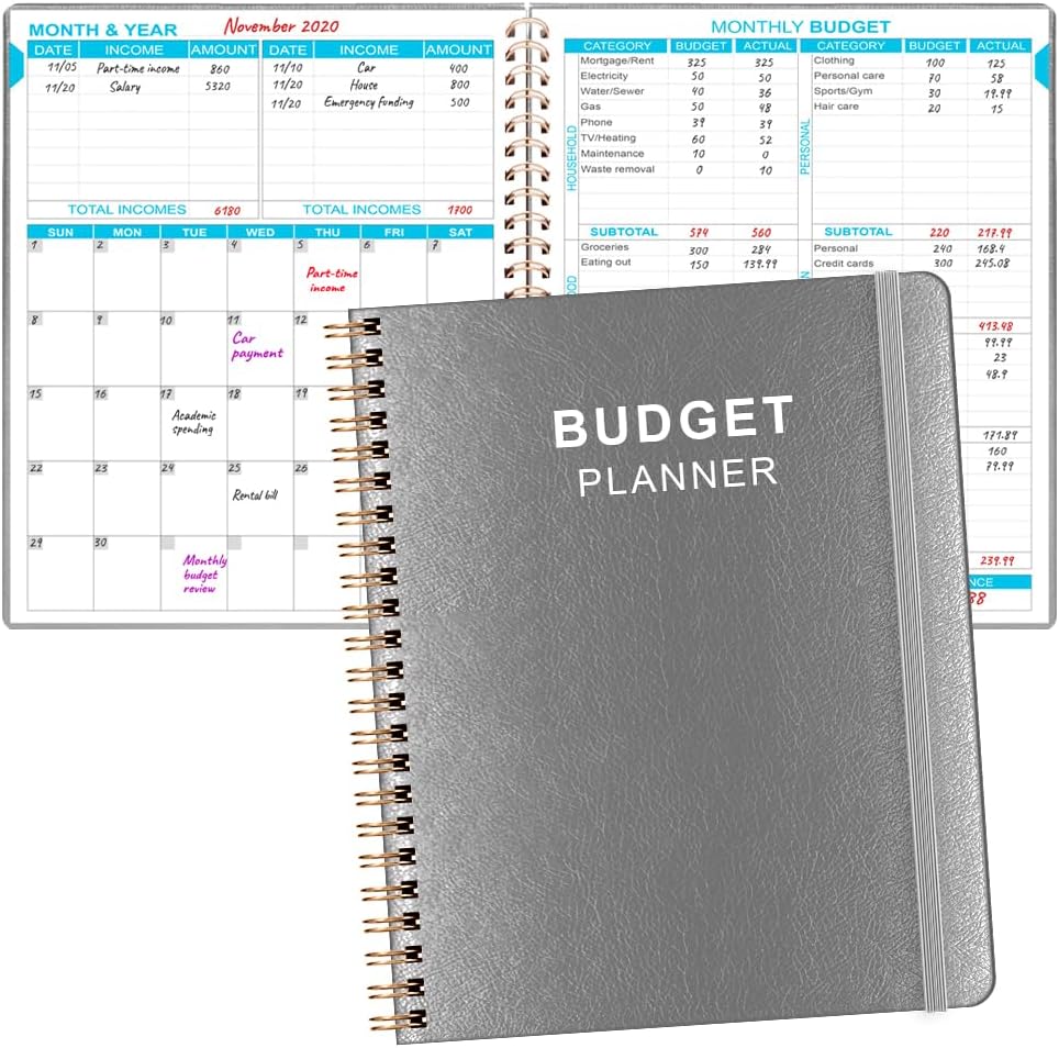 Budget Planner - 8" x 9.5" Monthly Budget Book with Expense Tracker Notebook, 2023-2024 Budgeting Book and Financial Planner to Control Your Money. Large Size, PU Leather, Grey