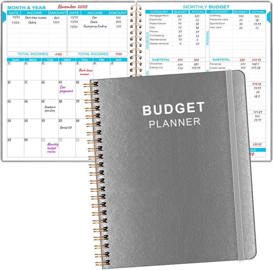 Budget Planner - 8" x 9.5" Monthly Budget Book with Expense Tracker Notebook, 2023-2024 Budgeting Book and Financial Planner to Control Your Money. Large Size, PU Leather, Grey