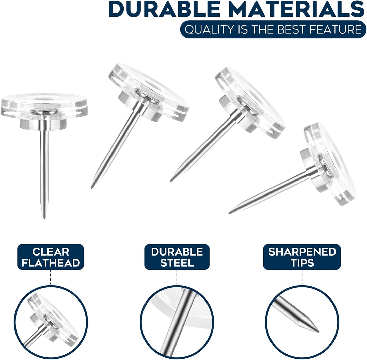 150 Pack Clear Push Pins Tacks by Luxurecourt, Flat Head Thumbtacks for Bulletin Board, Wall Hanging, Cork Board, Shadow Box, Heavy Duty Plastic Head with Steel Point in Reusable Storage Box.