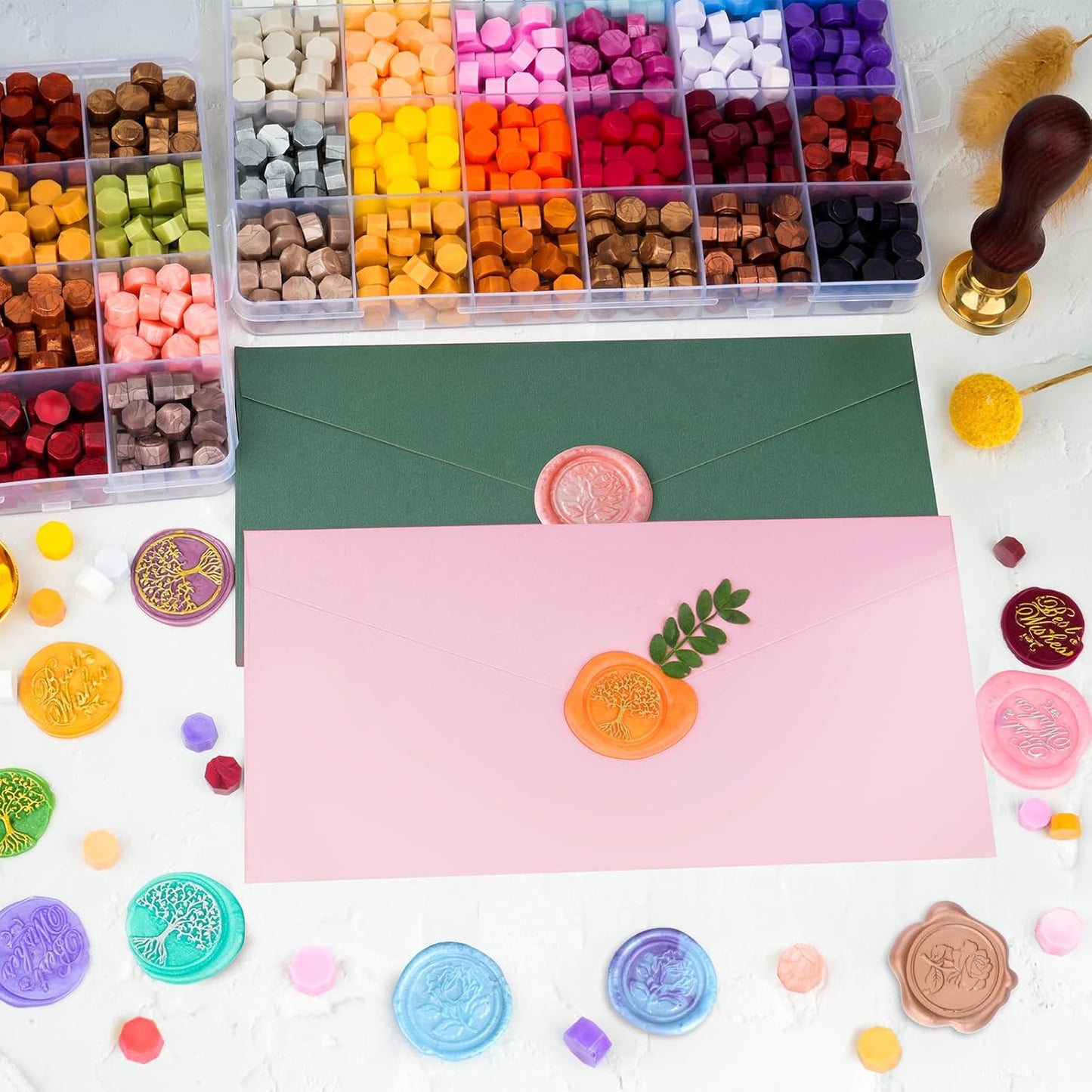 Aottom Wax Seal Kit, 48 Colors 1248 Pcs Sealing Beads with Melting Pot, Spoon, Tea Light Candles, Wax Seal Stamp Kit for Wedding Invitation, Gifts, Envelope, Letter Stamp Sealing and DIY Craft