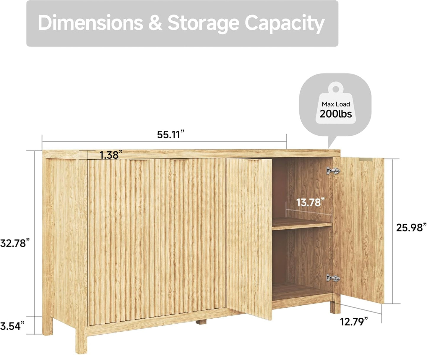 Real Relax Fluted Buffet Cabinet with Storage, Modern Sideboard with 4 Doors, 3 Adjustable Shelves, Large 55'' Kitchen Credenza Coffee Bar Cabinet, Console Cabinets for Living, Dinning Room, Natural