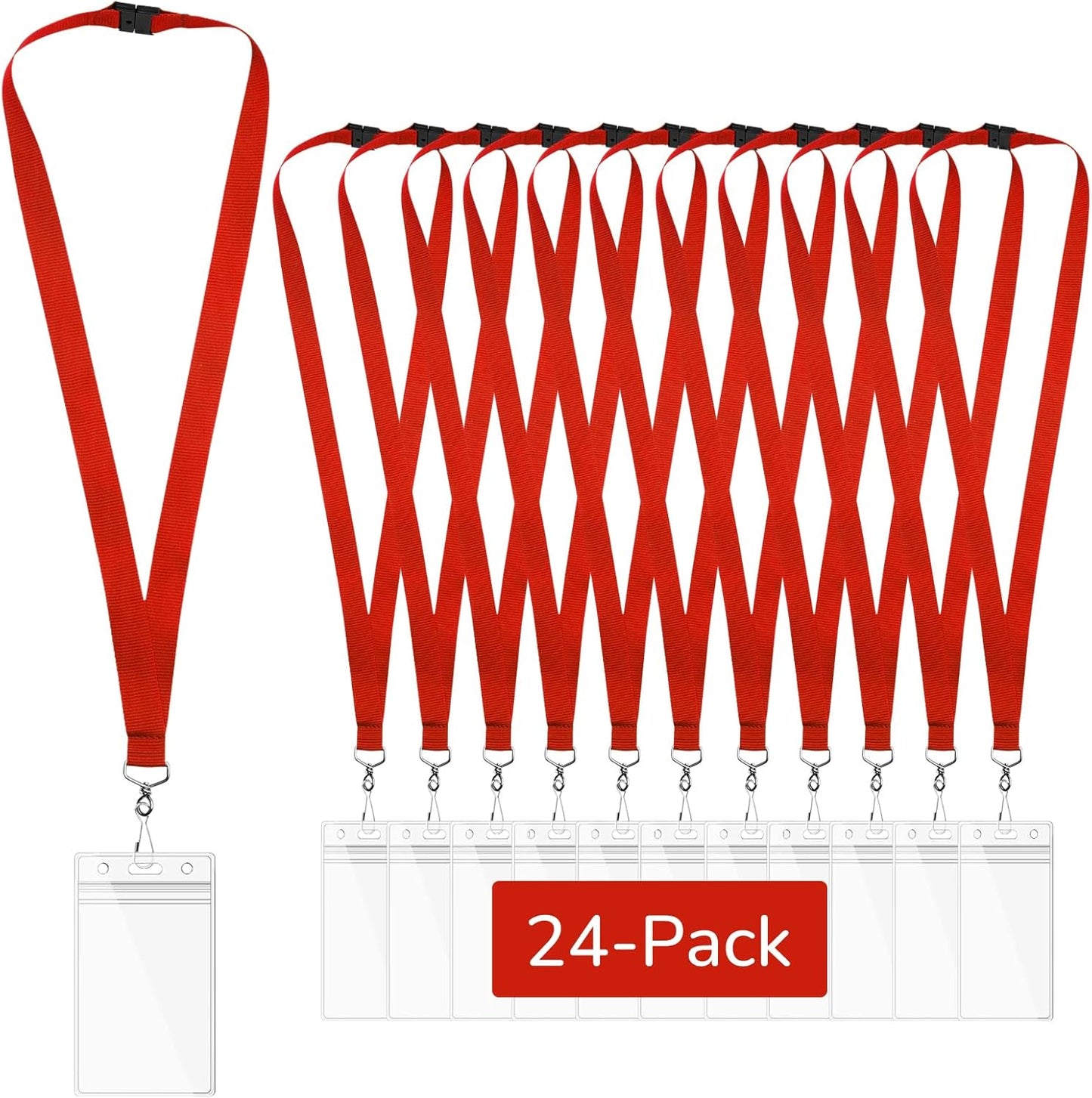 24-Pack Red Breakaway Lanyards with Waterproof Badge Holders, Metal Hook, Polyester Neck Straps for ID Cards, Events, Office, and Schools