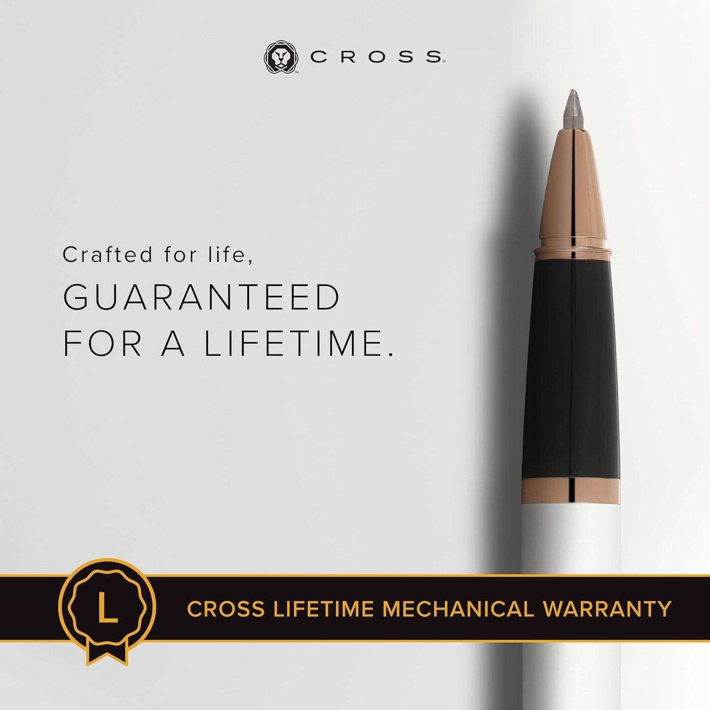 Cross Bailey Refillable Rollerball Pen Presented in a Premium Gift Box - Medium Point, Black Ink, White & Rose Gold