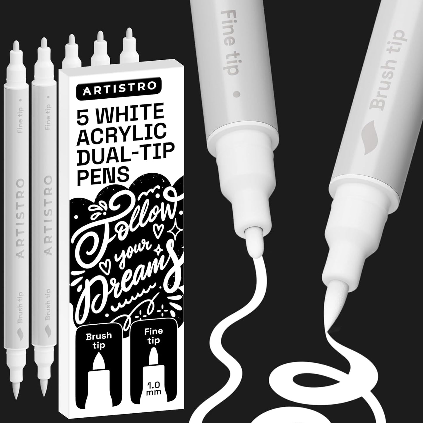 ARTISTRO 5 White Dual-Tip Acrylic Paint Pens - 1-5 mm Brush + 1mm Fine Tips - Multisurface Markers for Fabric, Glass, & More