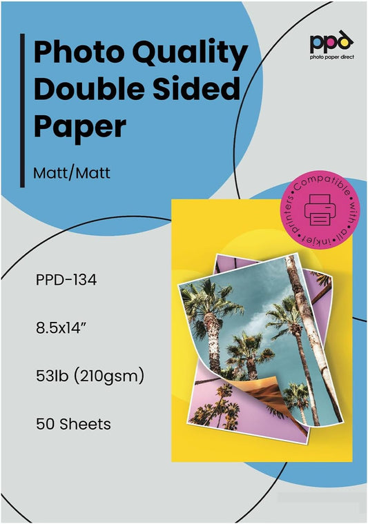 PPD Double Sided Photo Paper, Matte Brochure Paper 8.5 x 14 for Inkjet Printer, 210 gsm, 9 mil Legal Paper Size for Magazine, Flyer, Presentation, Program, Instant Dry & Water Resistant (50 Sheets)