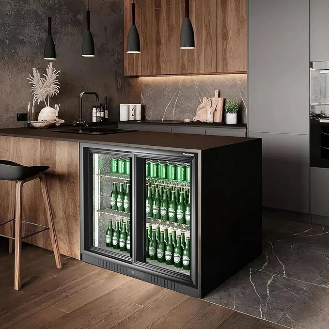 36 Inch 228 Cans Double Door Back Bar Beverage Cooler, 6.5 cu. ft. Under Counter Glass Bar Fridge With Sliding Door, Lockable, 32-50F Display Refrigerator, ETL & NSF7 Certified