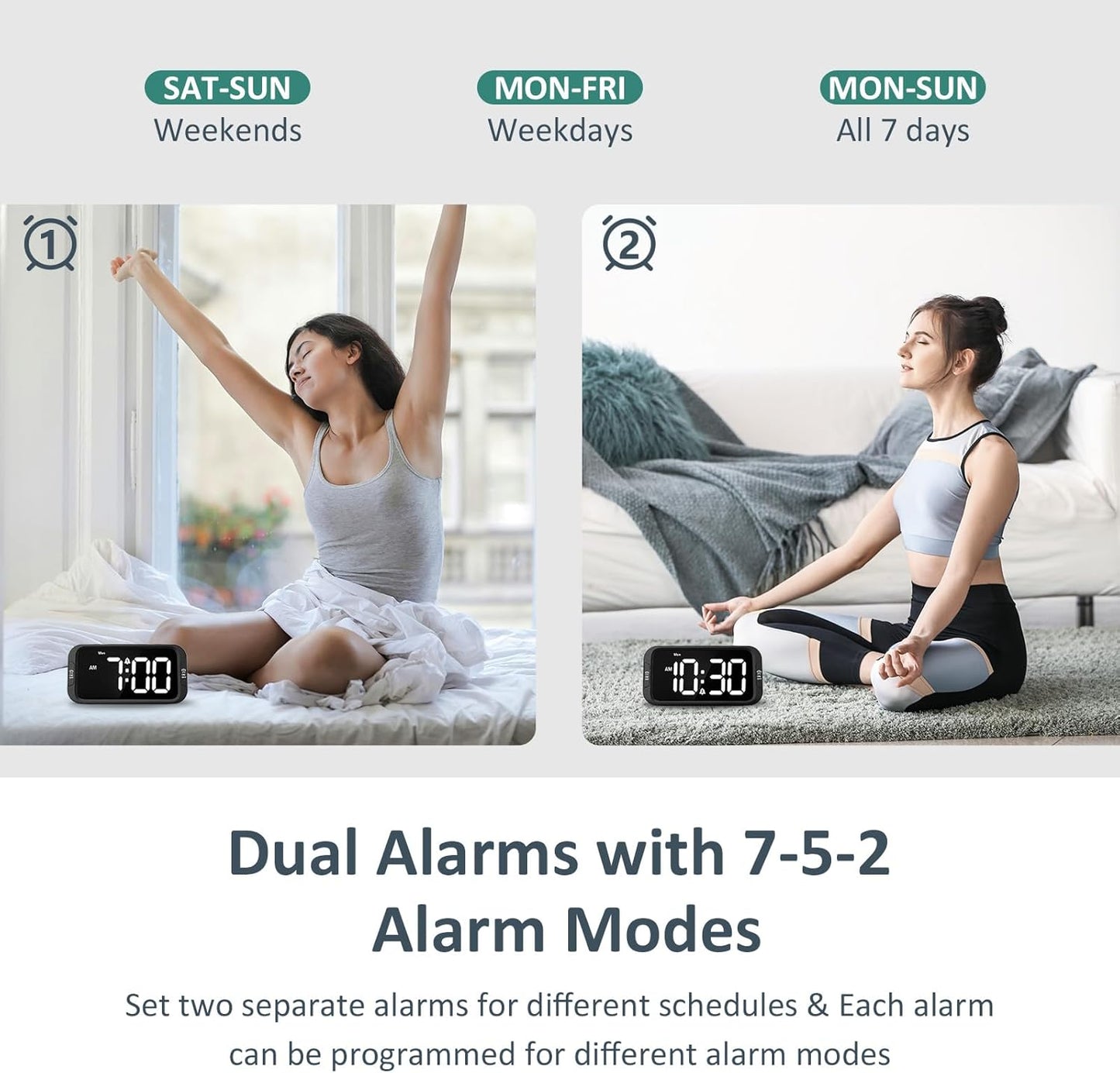 Digital Dual Alarm Clock for Bedroom, Easy to Set, 0-100% Dimmer, USB Charger, 5 Sounds Adjustable Volume, Weekday/Weekend Mode, Snooze, 12/24Hr, Battery Backup, Compact Clock for Bedside