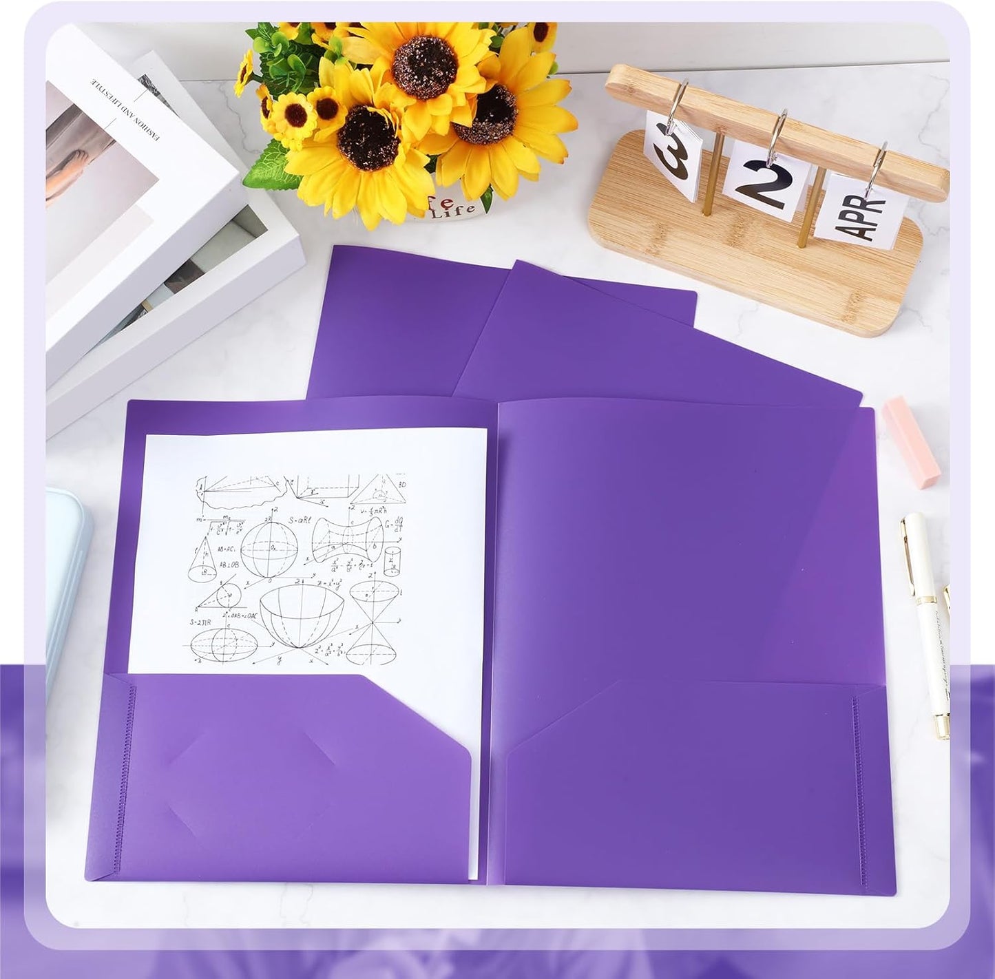 Gueevin 300 Pcs Plastic Folders with Pockets, Two Pocket Folder Fit 8.5 x 11 Inch Letter Size Paper, Heavy Duty School Folders Business Card Holder for Home Office School Bussiness (Purple)