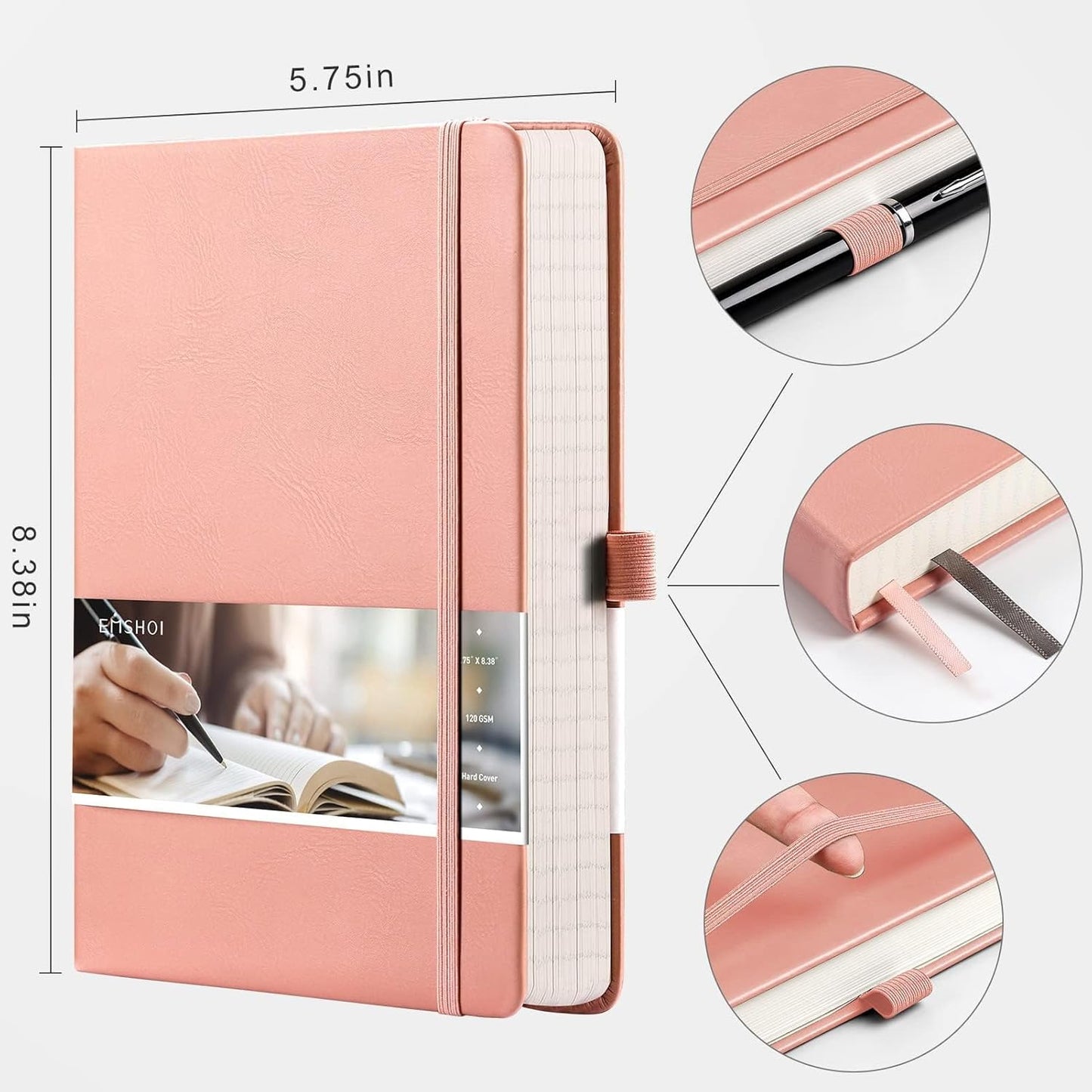 EMSHOI Graph Paper Notebook - 256 Pages A5 Graph Notebook/Journal, Hard Cover, 120gsm Thick Paper, Smooth PU Leather, Inner Pocket, 5.75'' × 8.38''-Pink