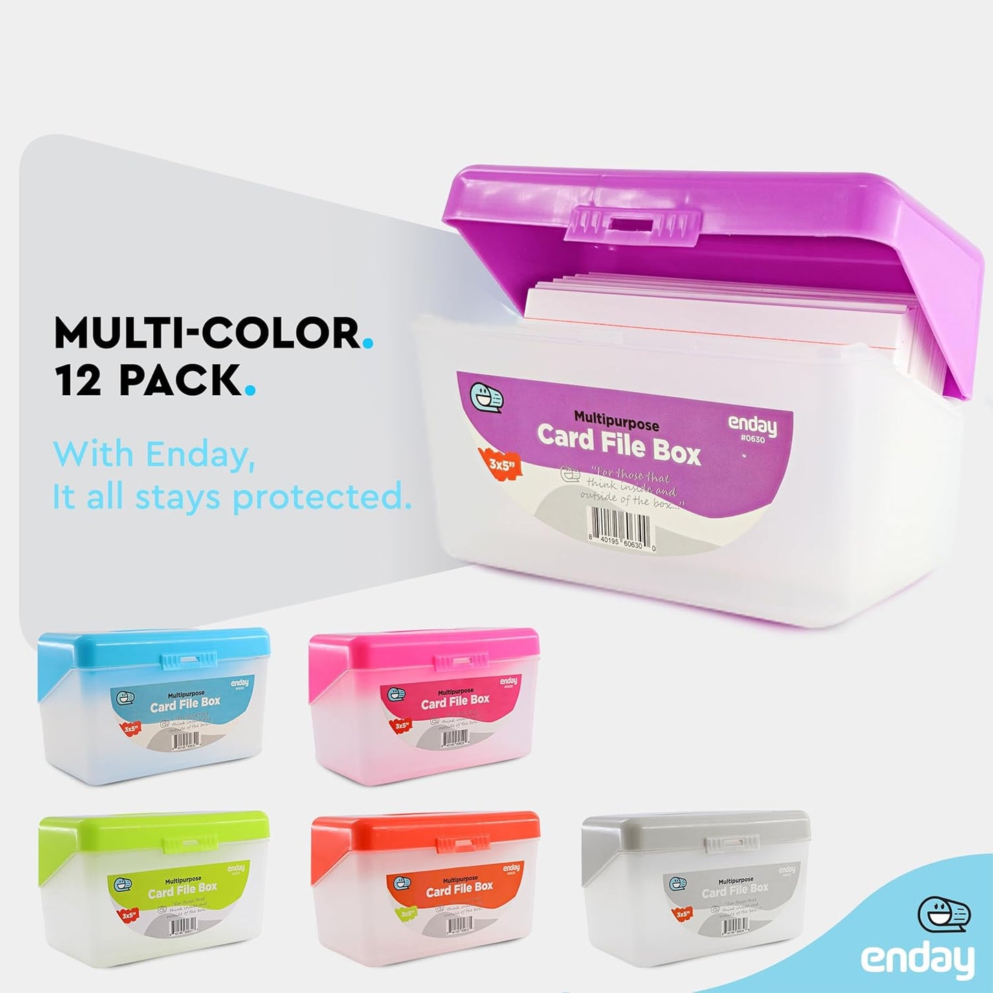 Emraw Index Card holder Case 3" X 5", ideal box card holder for Filing Notes, Addresses & Recipes. Holds Up to 250 Cards, Grey, Pink, Purple, Blue (Pack of 12)