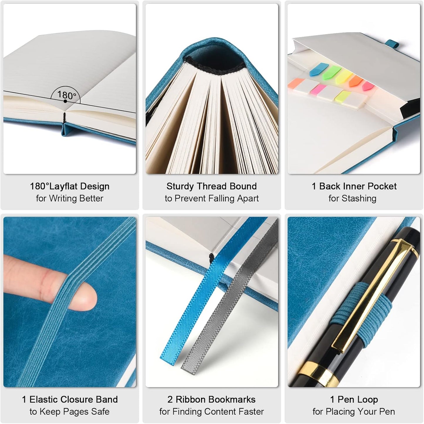 College Ruled Notebook, Large B5 Lined Journal Notebook, 314 Numbered Pages Work Notebook with Index Stickers, 100gsm Thick Paper, Hardcover Vegan Leather Journal for Women Men School Office, Blue