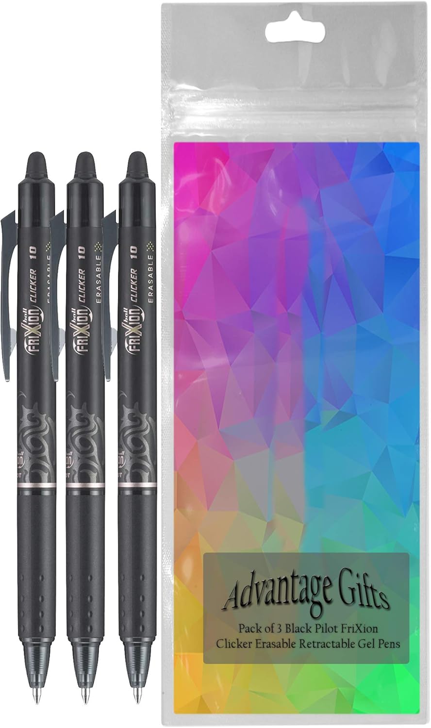 FriXion Clicker Retractable Erasable Gel Pen, Black, Bold Point, 3-pk; Bundle with Plastic Reusable Pouch