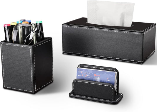 KINGFOM 3PCS/SET Desk Organizers and Accessories, Pu Leather Office Supplies Organization Set with Tissue Holder, Pencil Holder and Business Name Cards Stand Black