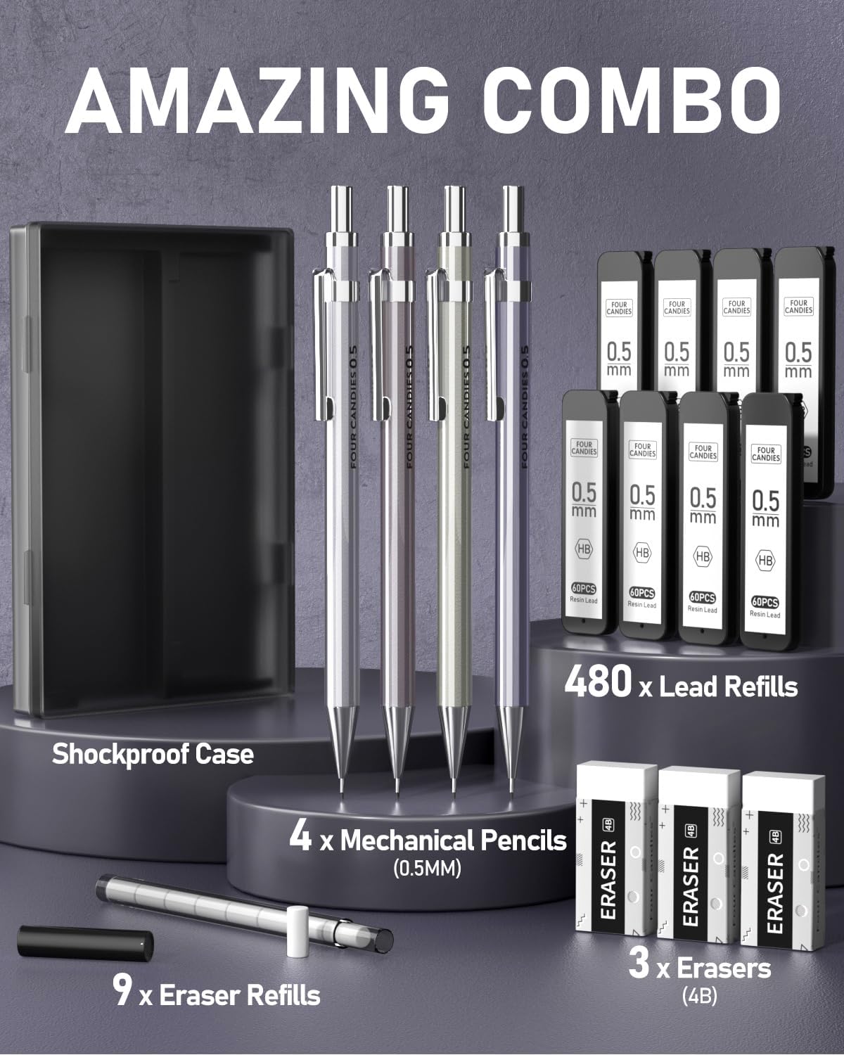 Four Candies 0.5mm Mechanical Pencil Set with Case - 4PCS Metal Mechanical Pencils, 8 Tubes HB #2 Lead Refills, 3PCS 4B Erasers and 9PCS Eraser Refills, Lead Mechanical Pencils for Writing & Drawing