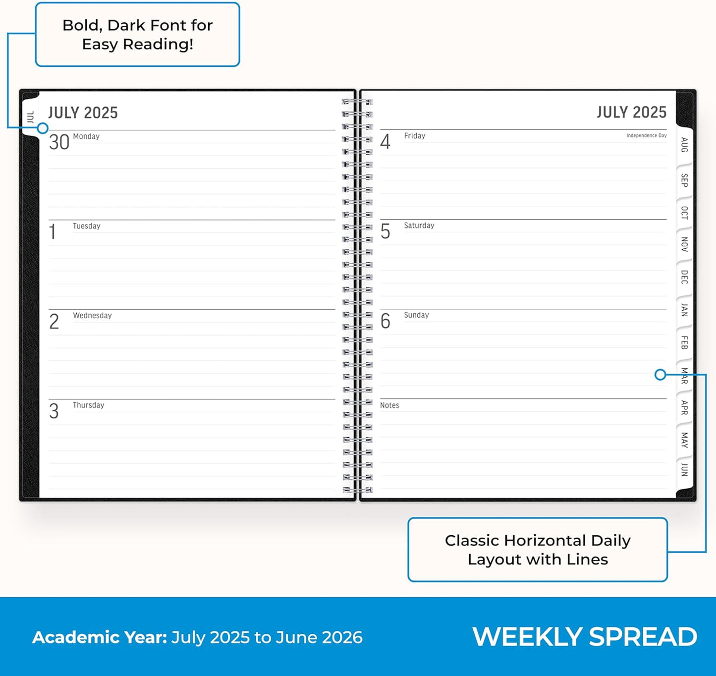 Blue Sky 2025-2026 Academic Year Large Print Weekly and Monthly Planner Calendar, July 2025 - June 2026, 12-Month, 8.5" x 11", Flexible Cover, Wirebound, Storage Pocket, Laminated Tabs, Black