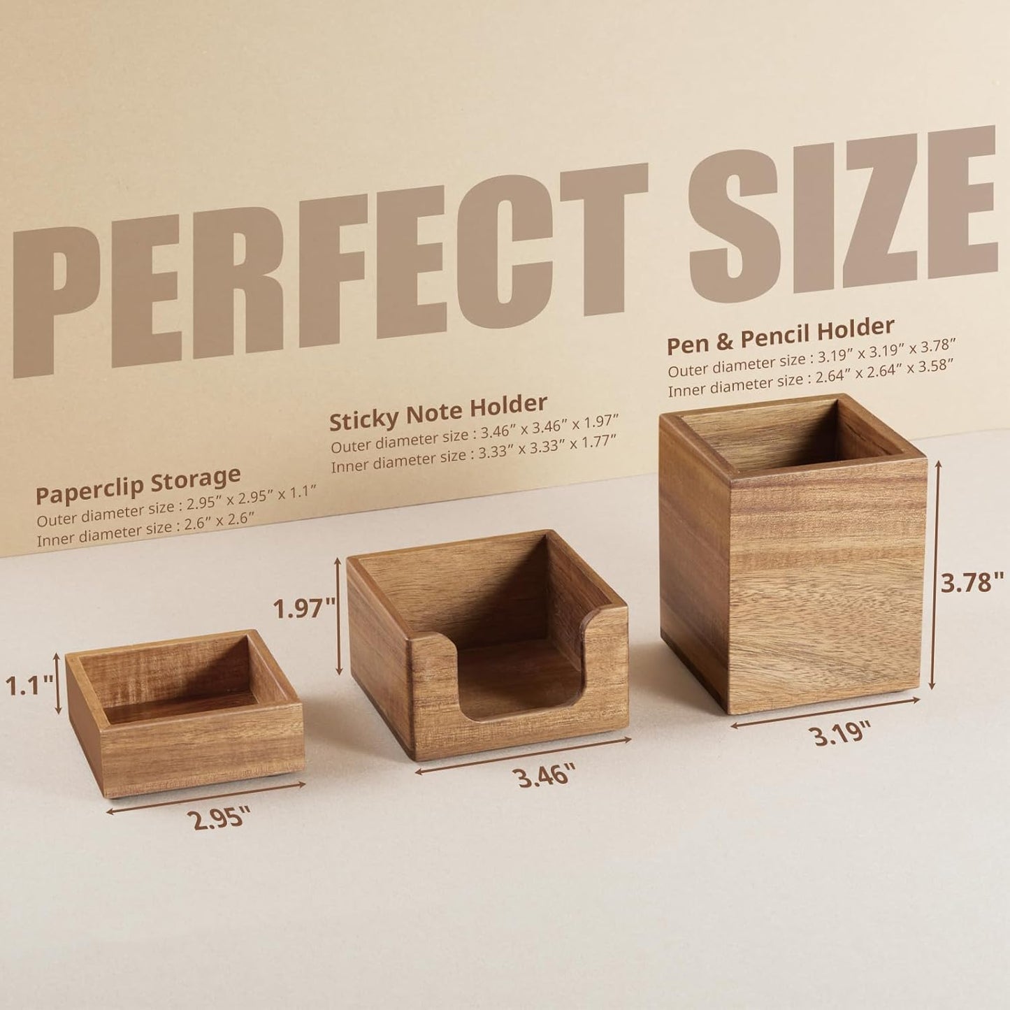 Desk Organizer Set of 3 - Acacia Wood Office Desk Accessories - Desk Organizers and Accessories for Women Men - Set incl. Pencil Pen Holder, Paperclip Storage and Sticky Note Holder