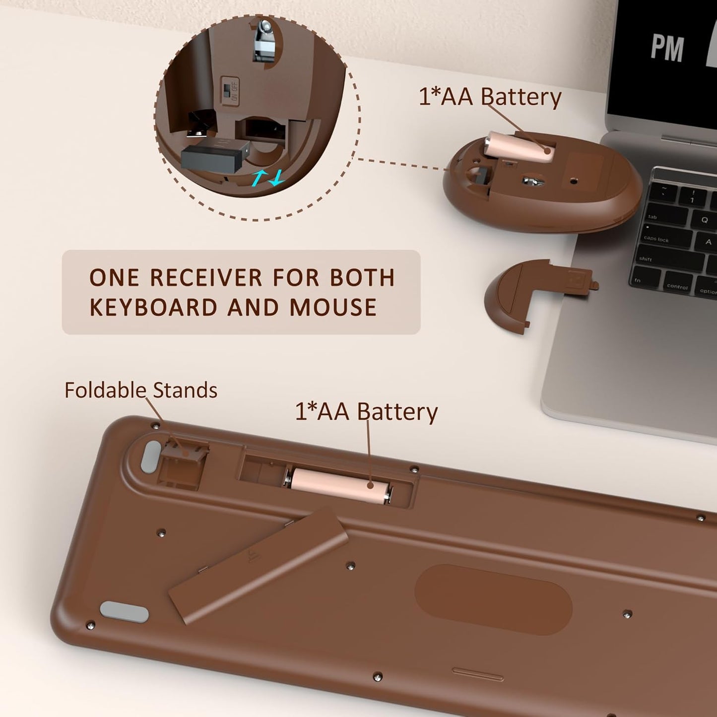 Colorful Wireless Keyboard and Mouse Combo, COVEVA 2.4GHz Wireless Retro Cute Round Keycaps Keyboard, 104 Keys Full-Sized Keyboard Mouse Set with Switch Button for PC Laptop Desktop (Brown Colorful)