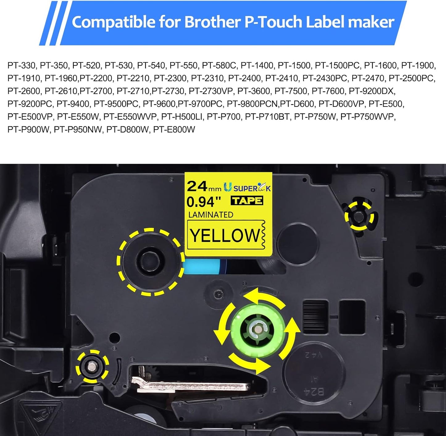 6PK 24mm Yellow Label Tape Compatible for Brother P-Touch Label Maker Tape TZe-651 1 Inch TZe TZ Tape TZ-651 TZe651 24mm 0.94'' Laminated Black on Yellow for PT-D600 D610BT P710BT P750W