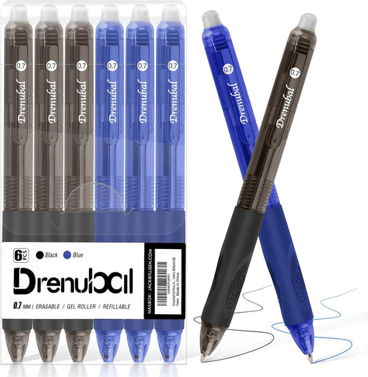 Erasable Pens 0.7mm - Black & Blue Gel Ink, Quick-Drying, Comfort Grip Writing Pens for School, Office, Exams - Gift Set for Students, Kids & Artists